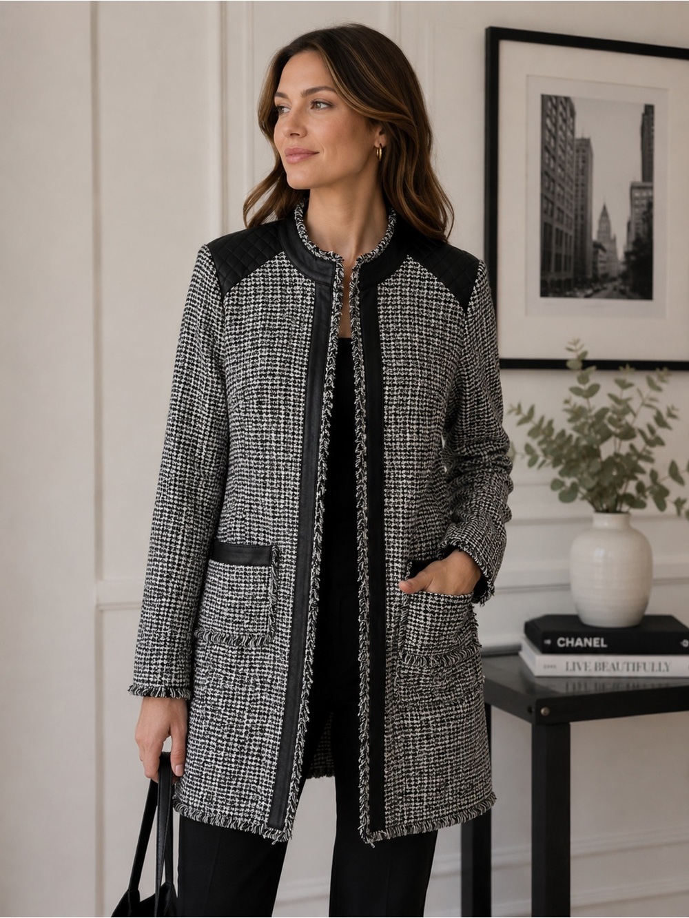 Olsen Europe Elegant Black and White Tweed Trench Coat Faux Leather Trim Size L